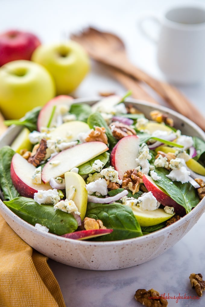 Apple Walnut Spinach Salad with Balsamic Vinaigrette with red and green apples