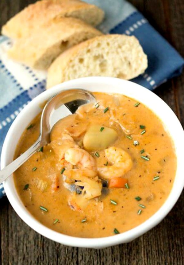 bowl of homemade creamy seafood chowder