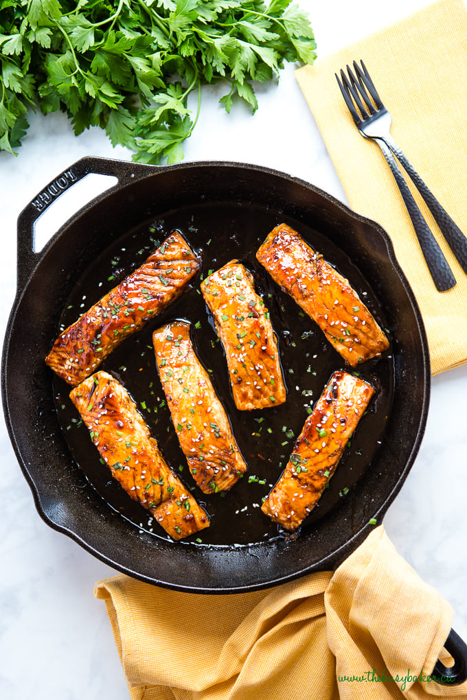Easy One Pan Maple Glazed Salmon in cast iron pan