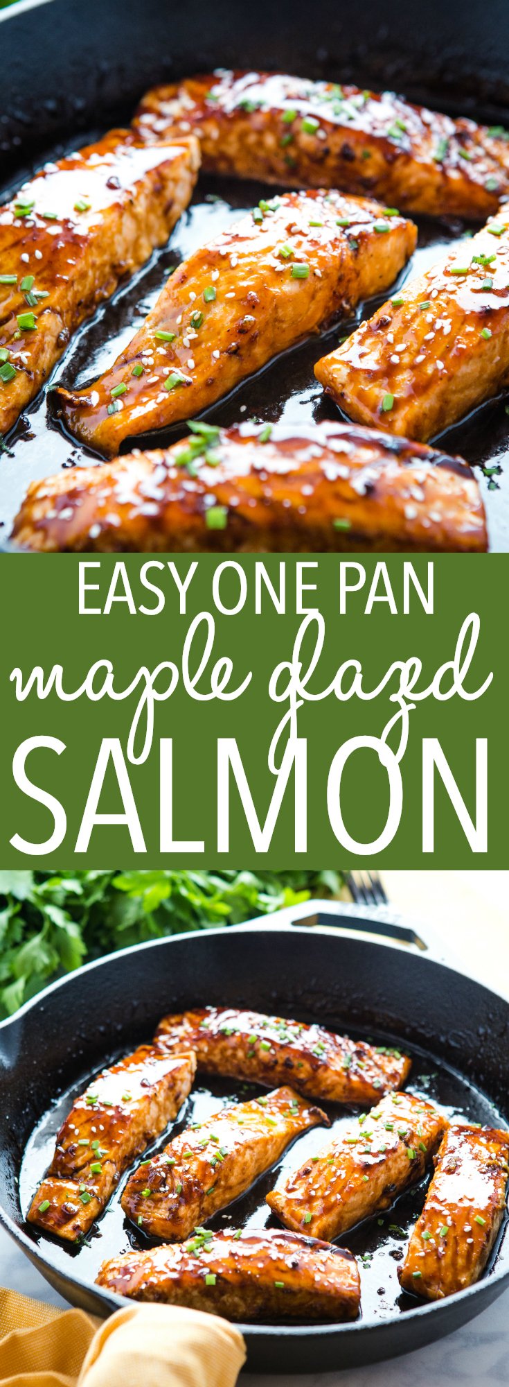 This Easy One Pan Maple Glazed Salmon is the perfect main dish for salmon lovers! Juicy salmon fillets caramelized in an easy maple glaze, on the table in under 20 minutes! Recipe from thebusybaker.ca! #salmon #mapleglazed #castiron #lodgecastiron #onepan #mealidea #easyrecipe #fish #seafood via @busybakerblog