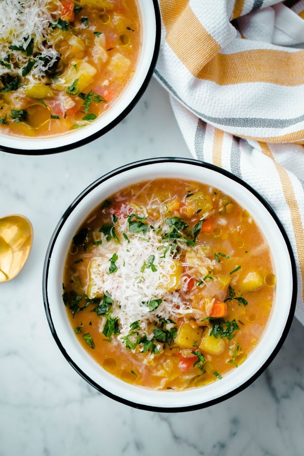 bowl of winter vegetable soup with red lentils