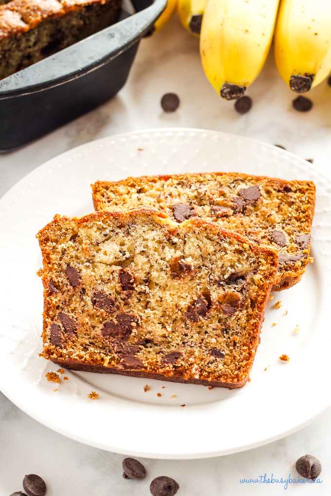 Best Ever Chocolate Chip Banana Bread slices on plate