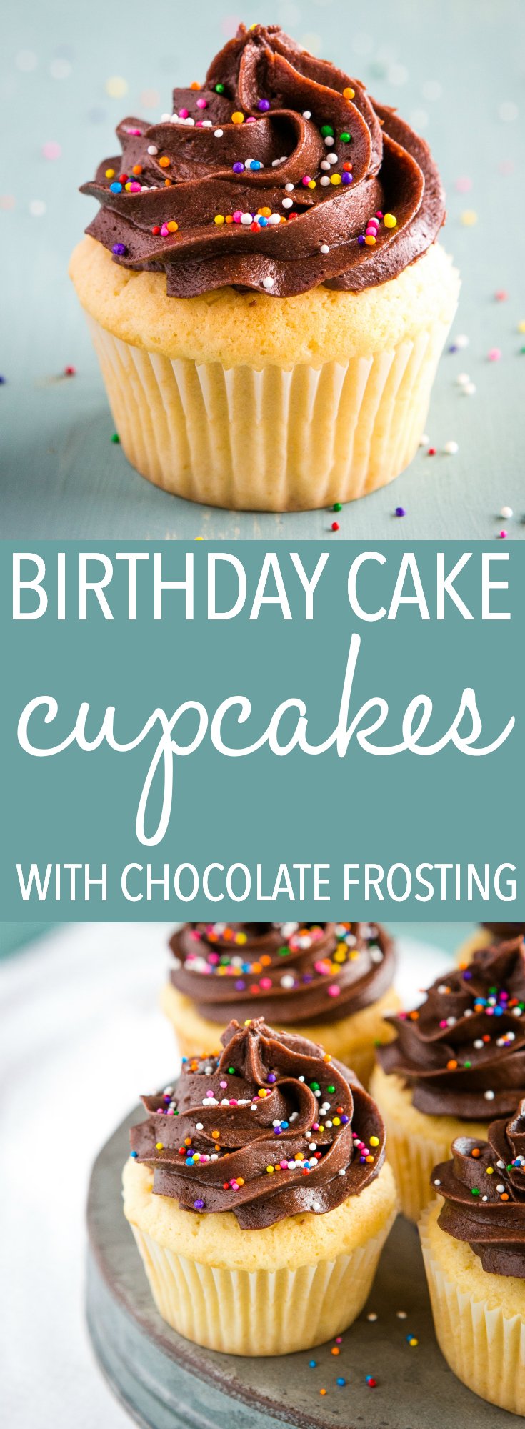These Birthday Cake Cupcakes with Chocolate Frosting are the perfect moist and delicious yellow cupcakes with creamy chocolate buttercream and sprinkles! What better way to celebrate a special day!?! #birthdaycake #birthday #cake #cupcakes #sprinkles #yellowcake #buttercream #buttercake #cupcake #celebrate #dessert #sweet #treat #recipe #foodblogger via @busybakerblog