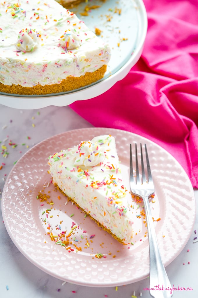 Easy No Bake Funfetti Cheesecake slice with sprinkles