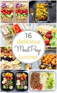 photo colllage of meal prep lunch recipes