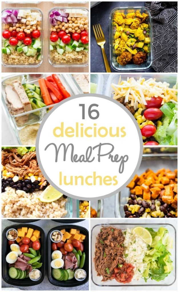 photo colllage of meal prep lunch recipes