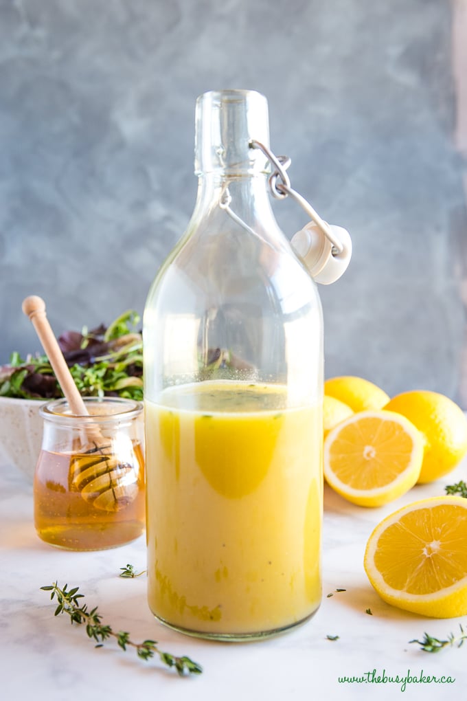 easy and healthy Honey Lemon Vinaigrette Salad Dressing in bottle homemade