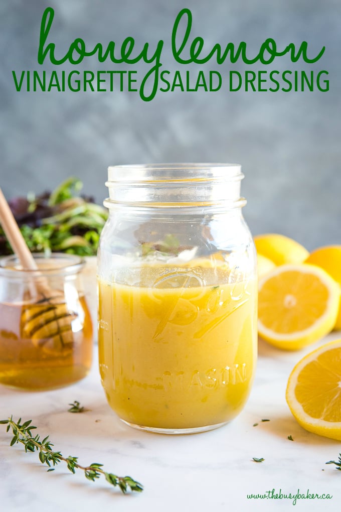 easy and healthy Honey Lemon Vinaigrette Salad Dressing in mason jar with honey pot