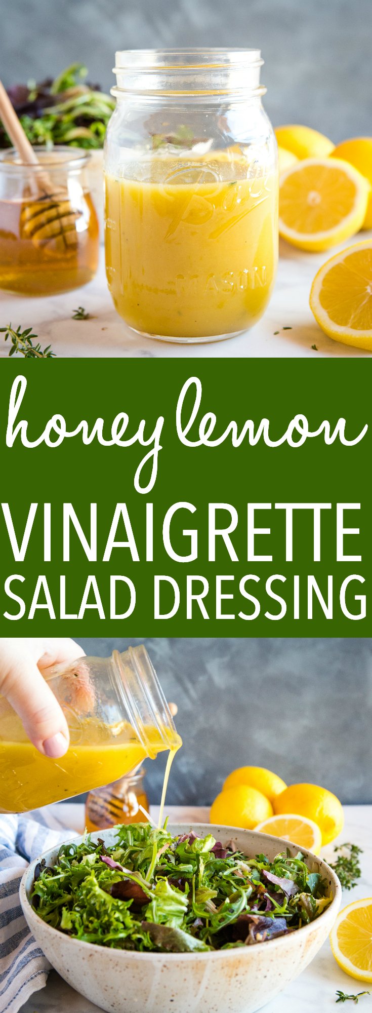 This easy and healthy Honey Lemon Vinaigrette Salad Dressing is perfect for all your favourite salads, and it's simple to make with only a few basic ingredients! Recipe from thebusybaker.ca! #salad #saladdressing #healthy #vegetarian #vegan #plantbased #easy #recipe #health #weightloss #spring #summer #cleaneating #eatclean #greens #lemon #honey #natural via @busybakerblog