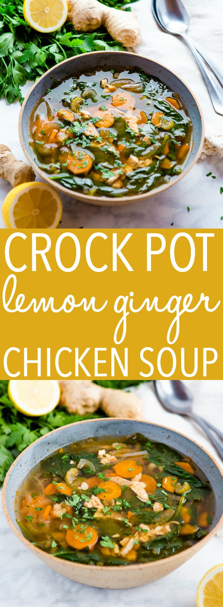 This Crock Pot Lemon Ginger Chicken Soup is the perfect easy-to-make winter soup for cold and flu season! It's packed with healing ingredients and it's bursting with fresh flavours! Recipe from thebusybaker.ca! #crockpot #slowcooker #lemon #ginger #chicken #soup #homeremedy #homemade #sick #sickness #cure #healthy #health #wholesome #spinach #veggies #easy #recipe #winter #spring via @busybakerblog