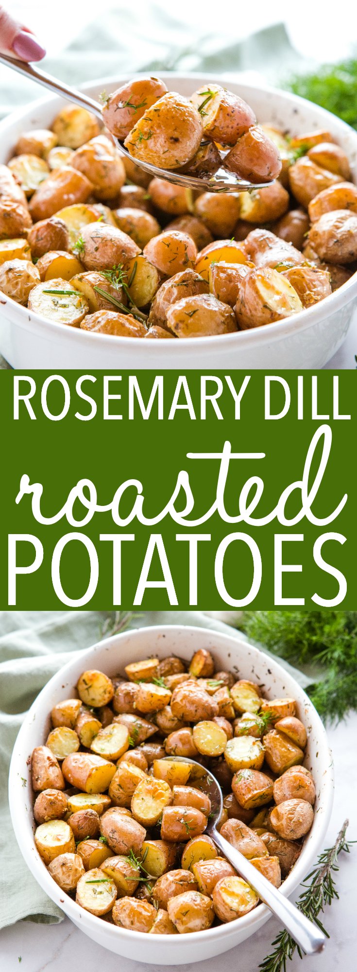These Rosemary Dill Roasted Potatoes are the perfect side dish for any family meal! Make them in about 30 minutes with only a few basic ingredients! Recipe from thebusybaker.ca! #potatoes #rosemary #dill #sidedish #easter #christmas #holiday #family #meal #roasted via @busybakerblog
