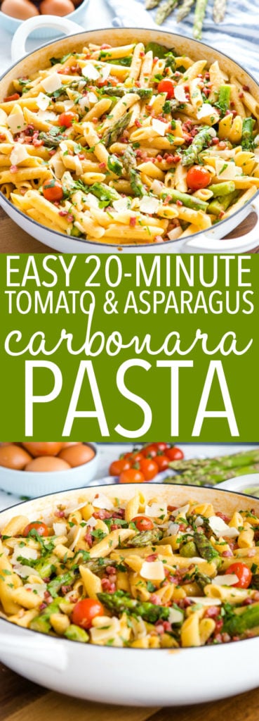 This Easy 20-Minute Tomato Asparagus Carbonara Pasta is the perfect spring-inspired dinner recipe with fresh tomatoes, asparagus & light, creamy sauce. Recipe from thebusybaker.ca! #pasta #carbonara #easy #recipe #veggies #bacon #asparagus #cherrytomatoes #tomatoes #herbs #fresh #family #meal #eggs #protein #healthy Easy 20-Minute Tomato Asparagus Carbonara Pasta Pinterest