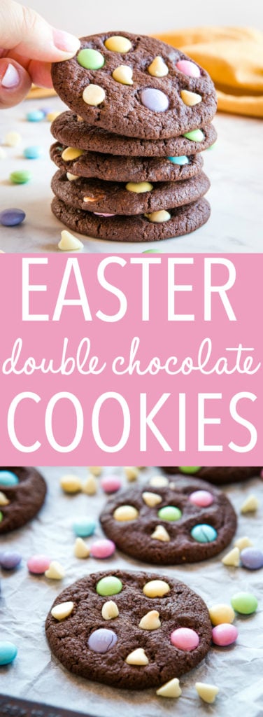 These Easter Double Chocolate Cookies are the perfect fun and easy Easter treat! Crispy on the outside, chewy on the inside, and packed with candy-coated chocolate and white chocolate! Easter Double Chocolate Cookies with Spring M&Ms Pinterest