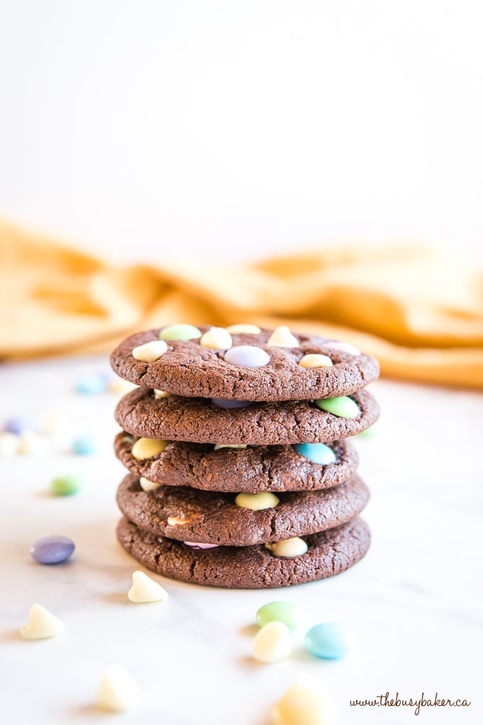 Easter Double Chocolate Cookies with Spring M&Ms in stack