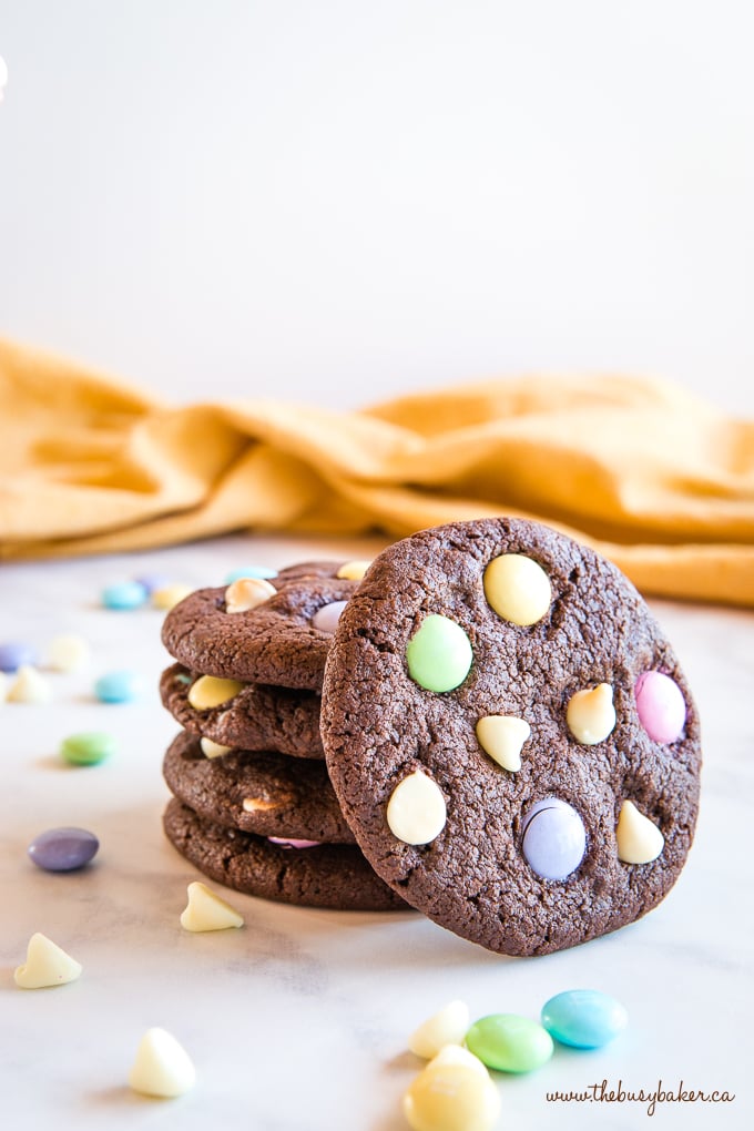 These Easter Double Chocolate Cookies are the perfect fun and easy Easter treat! Crispy on the outside, chewy on the inside, and packed with candy-coated chocolate and white chocolate! Easter Double Chocolate Cookies with Spring M&Ms