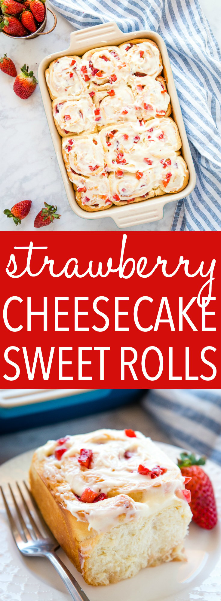 These Strawberry Cheesecake Sweet Rolls are the perfect spring breakfast or brunch featuring fresh juicy strawberries and cream cheese frosting! Recipe from thebusybaker.ca! #brunch #strawberry #fruit #spring #summer #seasonal #breakfast #snack #sweet #treat via @busybakerblog