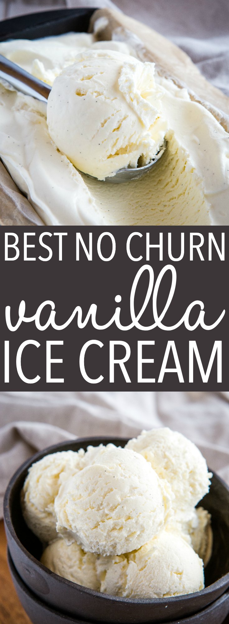 This Best Ever No Churn Vanilla Ice Cream is the BEST vanilla ice cream to make at home, no ice cream maker required! It's perfectly creamy, smooth and made with only 3 ingredients! Recipe from thebusybaker.ca! #icecream #nochurn #vanilla #creamy #summer #recipe #dessert #sweet #treat #cream via @busybakerblog