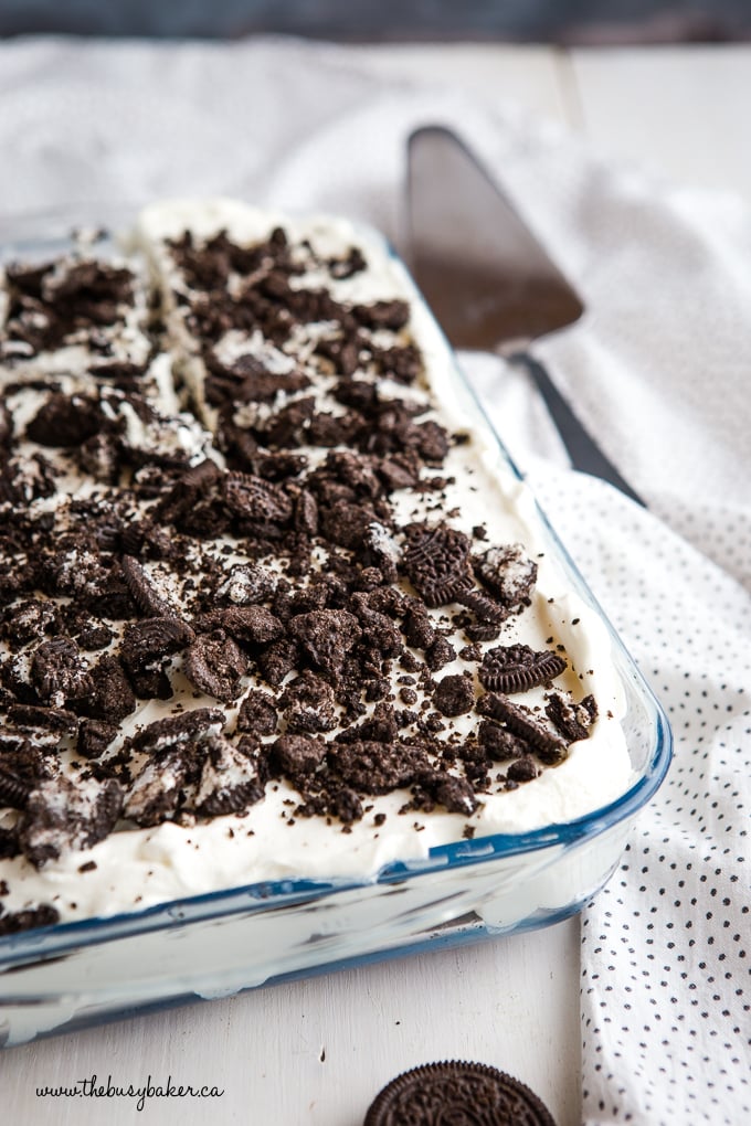Oreo Icebox Cake in 9x13 pan with lifter