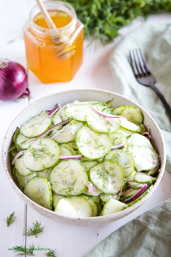 Cucumber Salad in pottery bowl