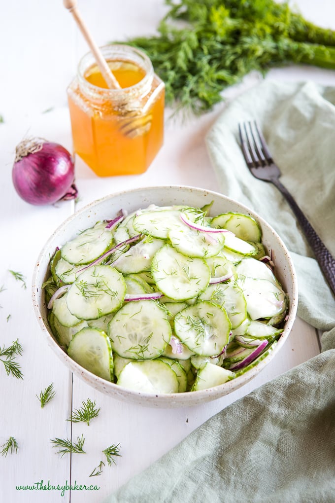 Cucumber salad with red onions and honey