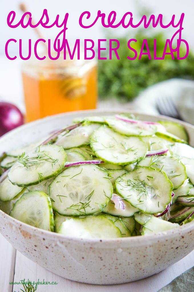 Easy Creamy Cucumber Salad in pottery bowl