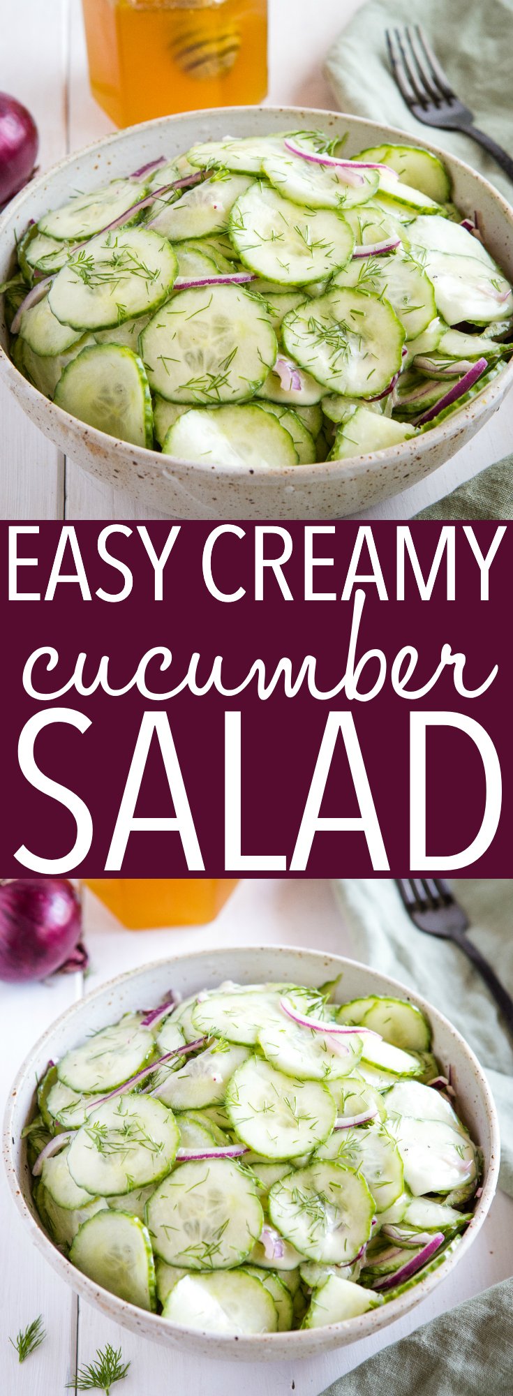 This Easy Creamy Cucumber Salad is the perfect simple summer side dish for picnics, barbecues and weeknight meals. Make it in minutes with only a few ingredients! Recipe from thebusybaker.ca! #salad #picnic #cucumber #barbecue #healthy #sidedish #potluck #vegetarian #vegan via @busybakerblog