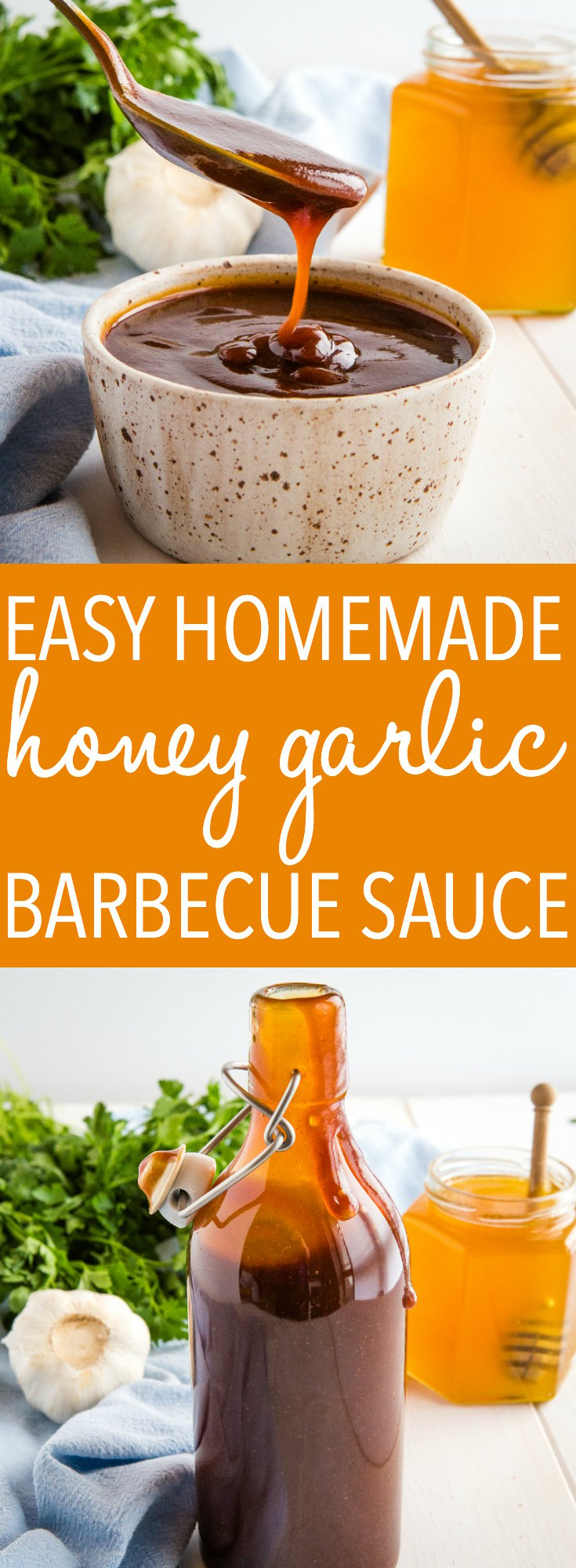 This Homemade Honey Garlic Barbecue Sauce is perfect on grilled meats, burgers, ribs and more! It's easy to make in one pot and it's packed with sweet and savoury flavour! Recipe from thebusybaker.ca! #honey #garlic #barbecue #sauce #homemade #bbq #barbecuesauce #ribs #burgers #summer via @busybakerblog