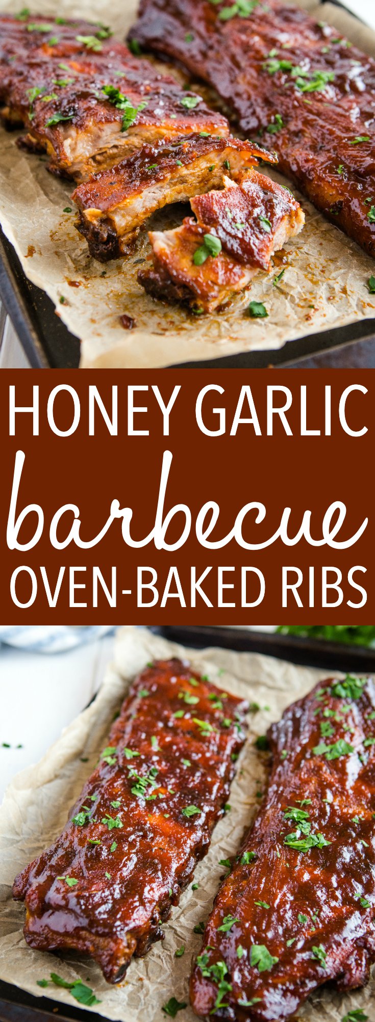 These Honey Garlic Oven-Baked Barbecue Ribs are the best and easiest way to make perfect, juicy, fall-off-the-bone ribs with a sweet honey garlic sauce! via @busybakerblog