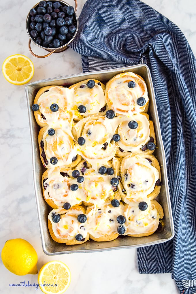 lemon blueberry rolls in pan with blueberries