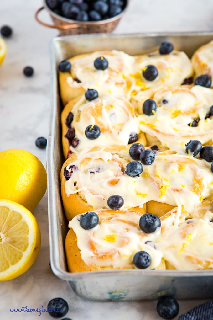 lemon blueberry rolls in pan with fresh blueberries