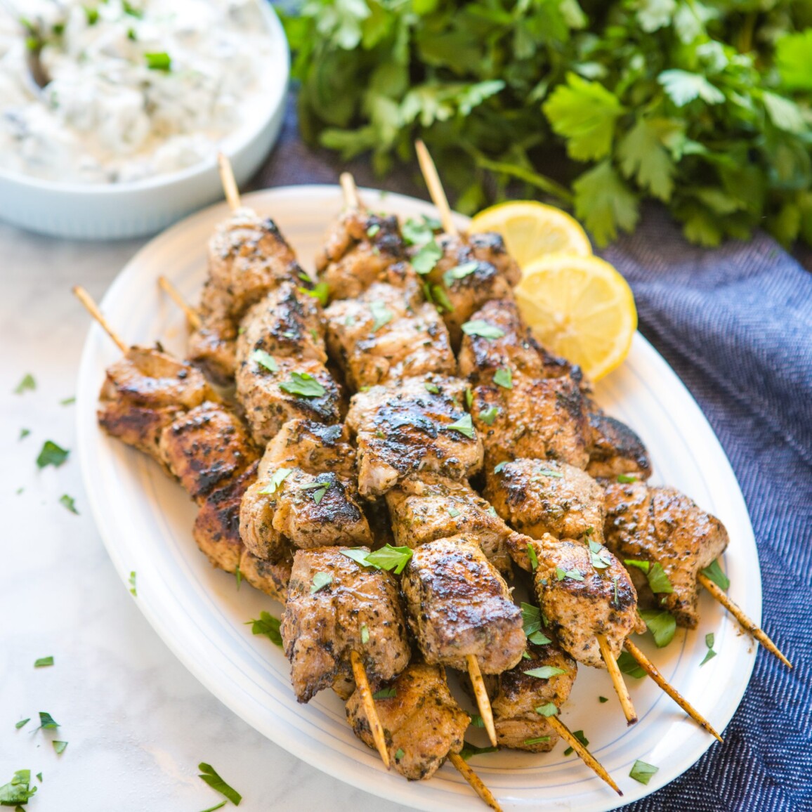 Easy Greek-style Pork Souvlaki Skewers - The Busy Baker