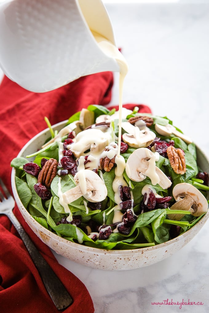 spinach salad creamy vinaigrette with cranberries and mushrooms