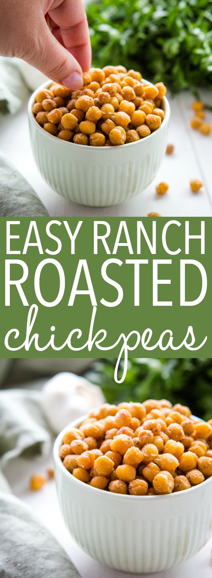 These Easy Ranch Roasted Chickpeas make the perfect healthy, low-fat snack packed with protein! Made with only 3 ingredients!! Recipe from thebusybaker.ca! #ranch #snack #chickpeas #vegetarian #healthy #lowfat #health #roasted via @busybakerblog