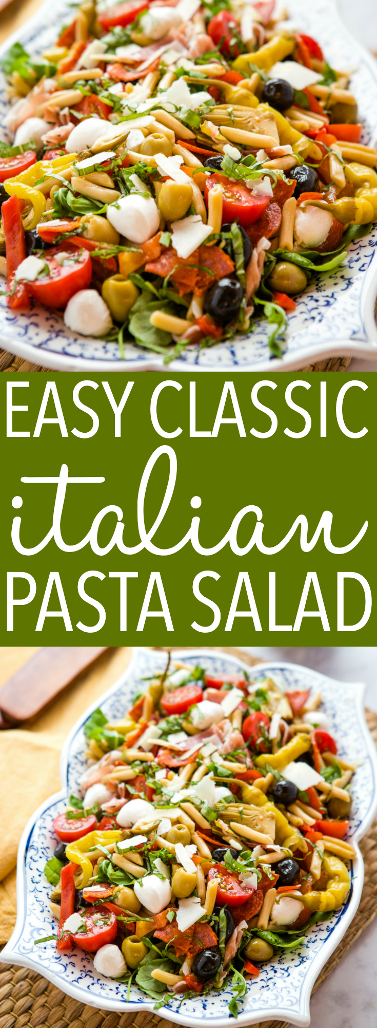 This Easy Classic Italian Pasta Salad is the perfect quick and easy meal idea packed with savoury olives, artichokes, arugula, tomatoes, roasted peppers, mozzarella and parmesan! Recipe from thebusybaker.ca! #italian #pastasalad #classic #recipe #mealidea #dinner #lunch #pasta #mozzarella #olives #italy via @busybakerblog
