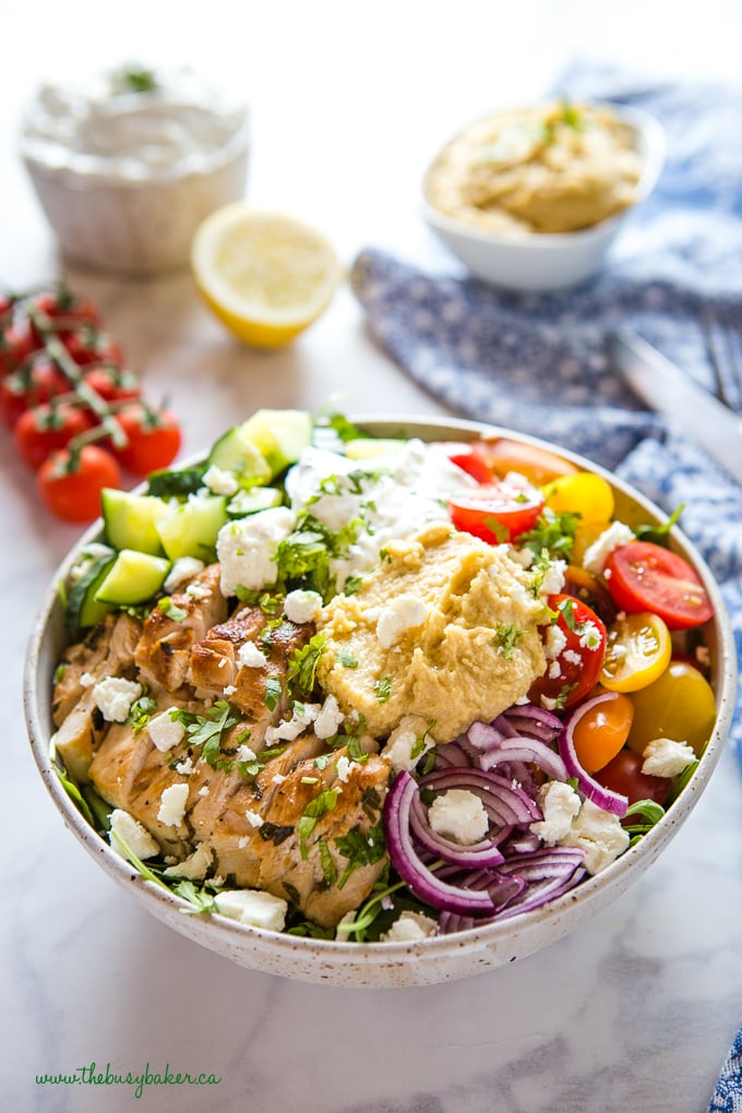 Low Carb Chicken Shawarma Bowls with veggies and feta