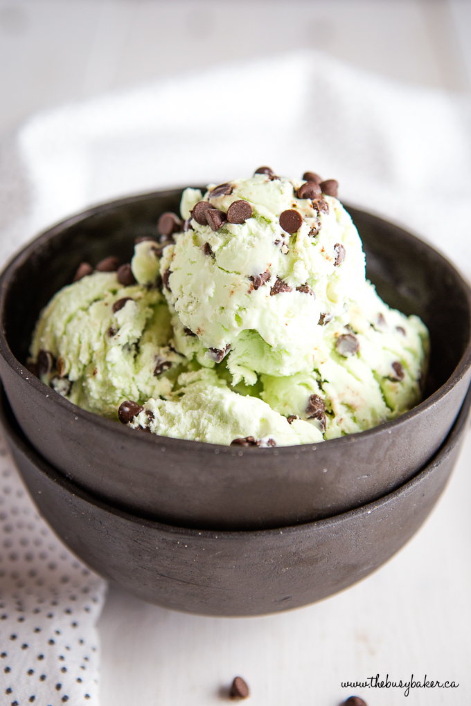 mint chocolate chip ice cream in black bowls with chocolate chips