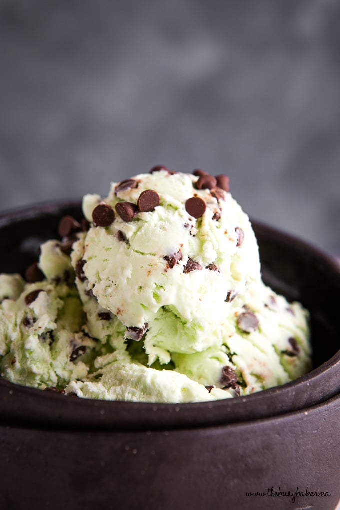 scoops of mint chocolate chip ice cream in black bowl