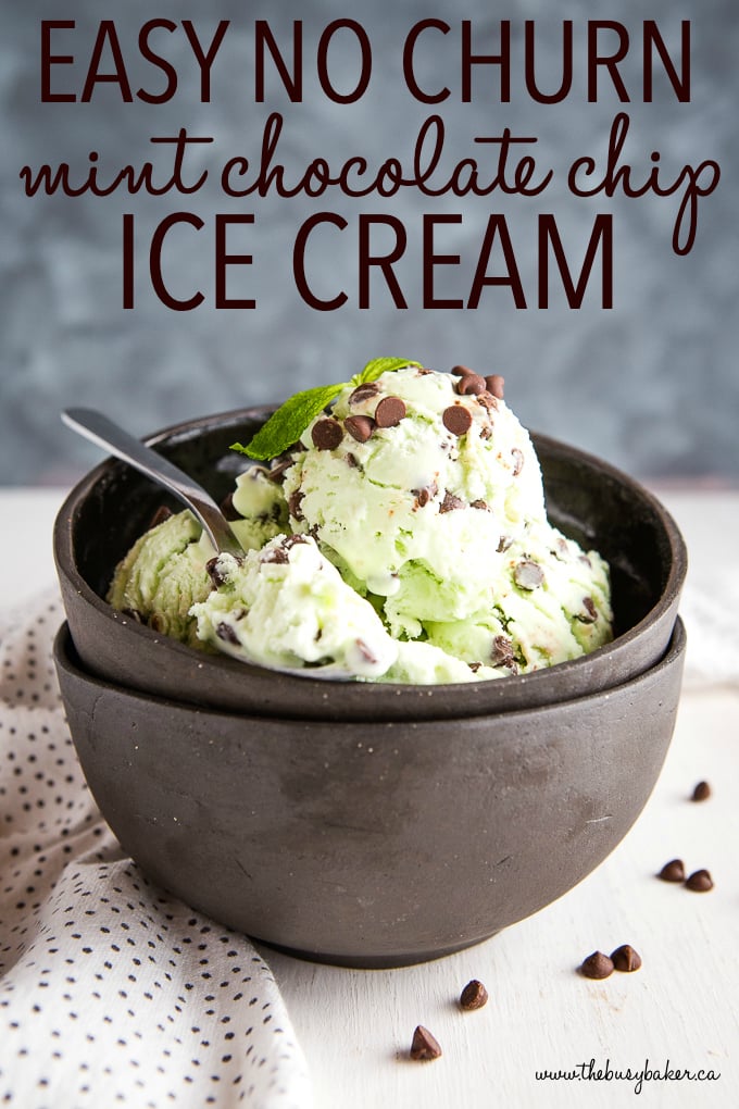 no churn mint chocolate chip ice cream in black bowls with spoon