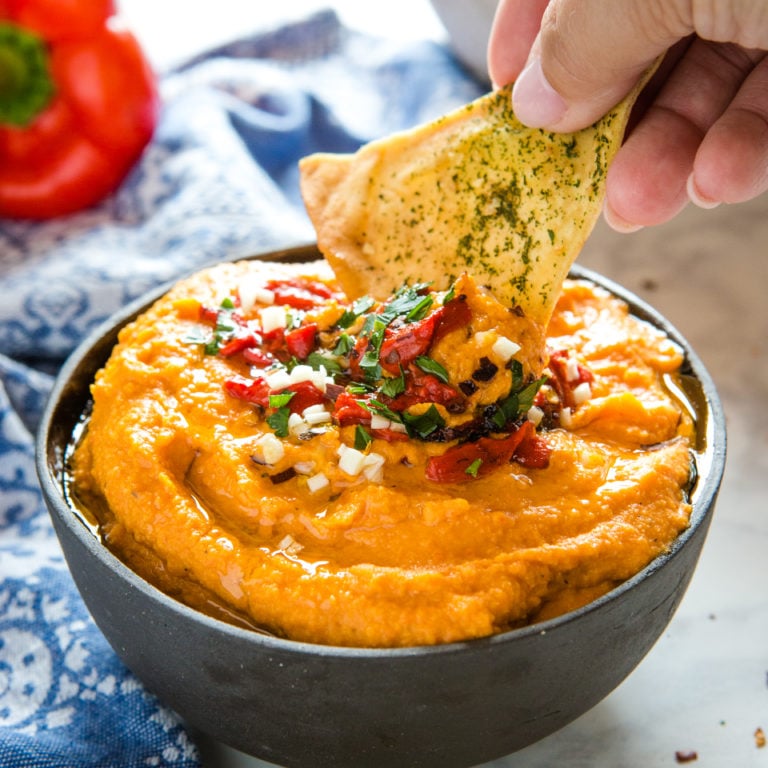 Easy Roasted Red Pepper Hummus - The Busy Baker