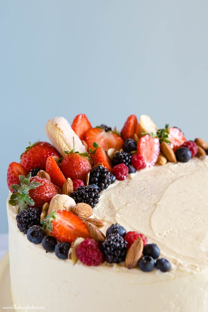 Almond Cream Cake with fruit design on top