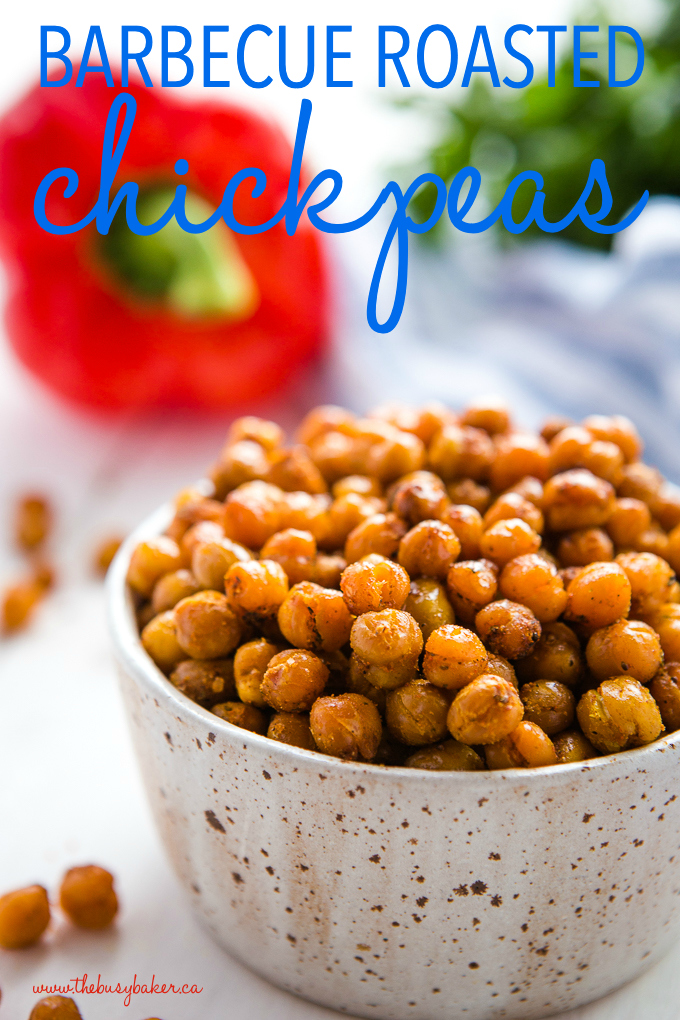 barbecue roasted chickpeas in pottery bowl with red pepper
