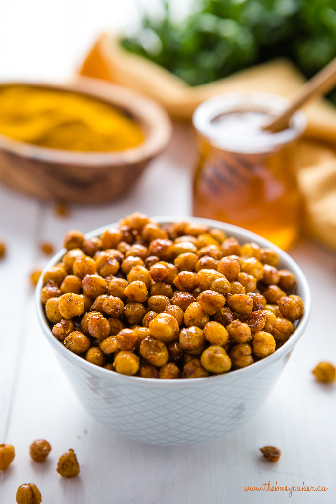 honey curry roasted chickpeas in bowl