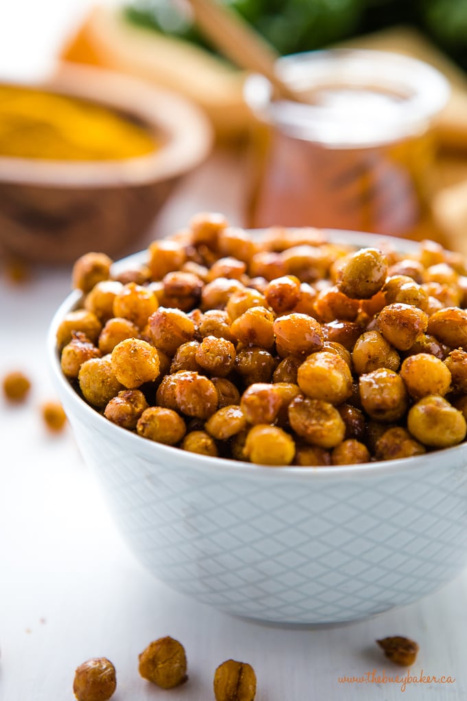 honey curry roasted chickpeas in blue bowl