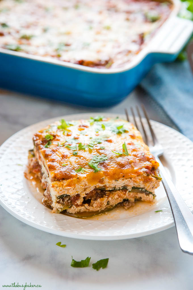 low carb lasagna slice on white plate