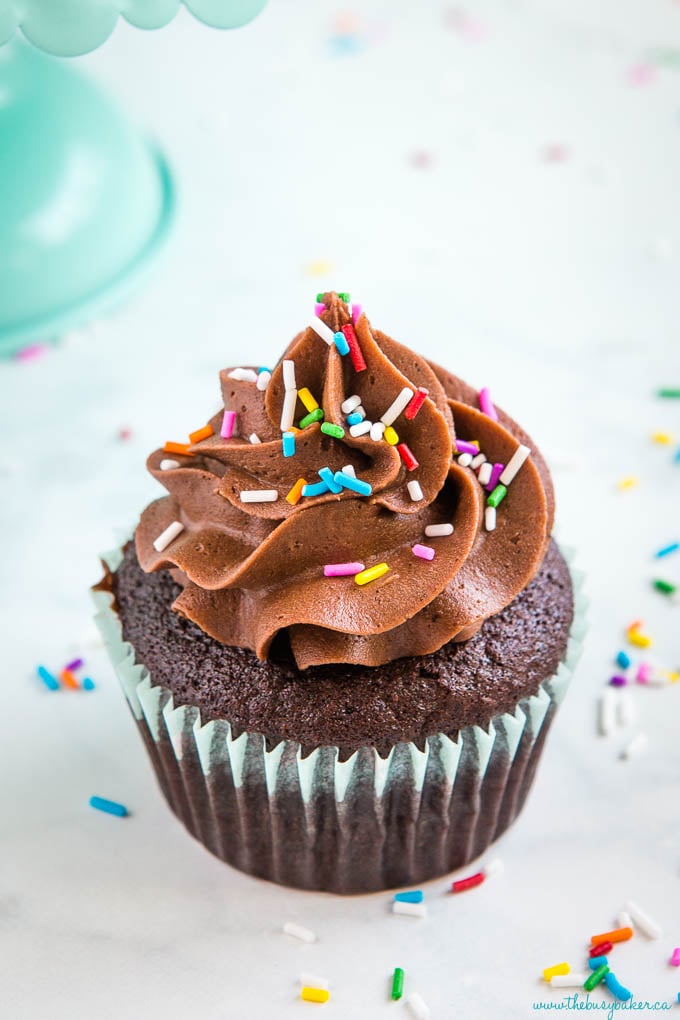looking down on chocolate birthday cupcake with fluffy chocolate frosting and sprinkles on top