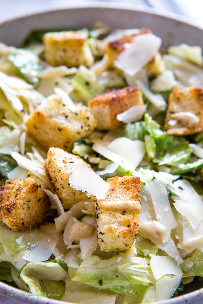 dinner salad with homemade croutons and shaved parmesan cheese