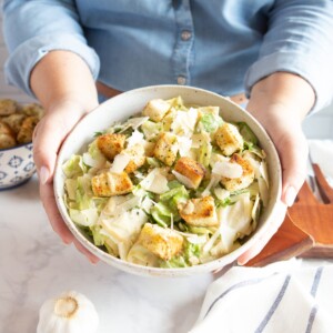 bowl of salad with homemade croutons