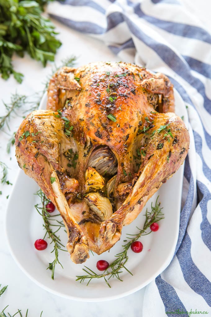 whole roast turkey on white platter with cranberries and rosemary