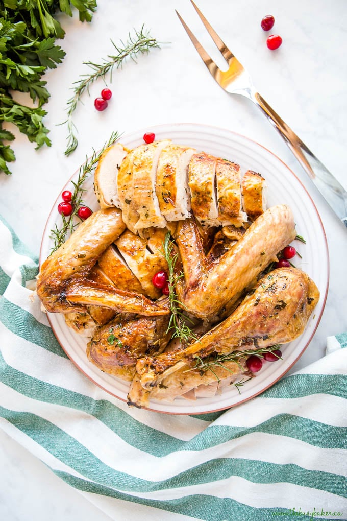 Thanksgiving dinner on a serving platter - crispy skin juicy turkey