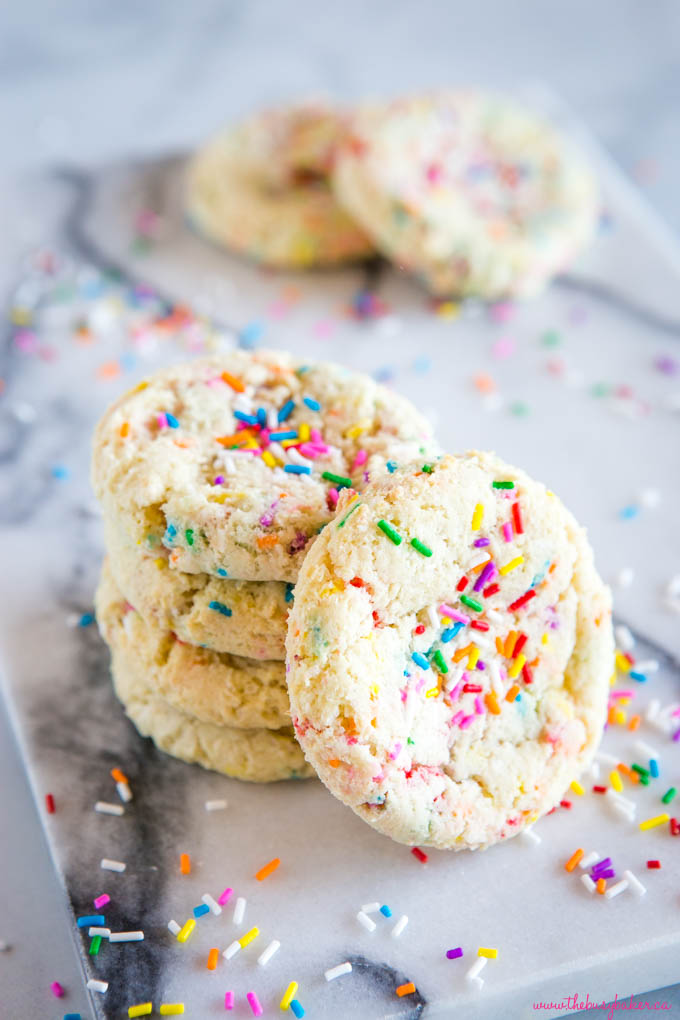 small stack of funfetti sugar cookies with sprinkles